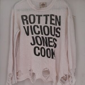Distressed White Sweater with Bold Text
